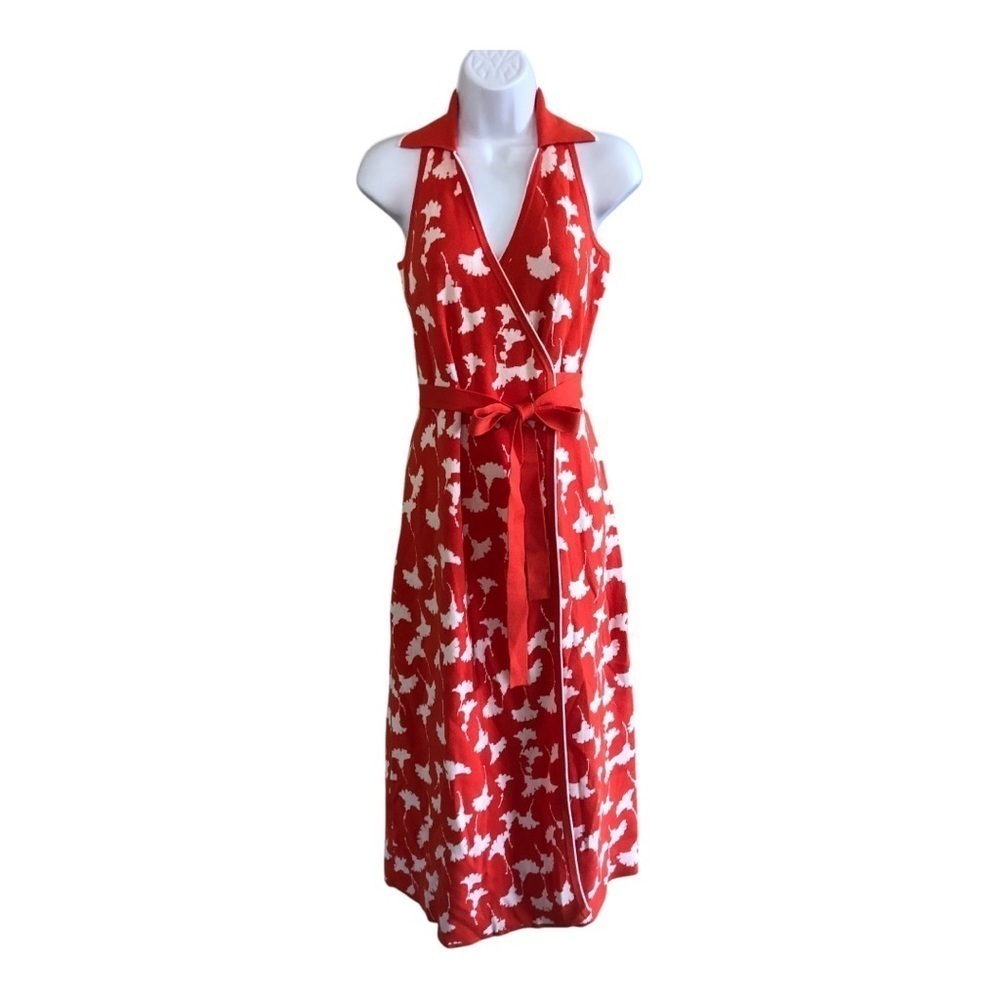 Diane Von Furstenberg Target Collared Sleeveless Ginkgo Midi Knit Wrap Dress S